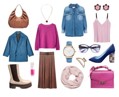 Moda kıyafetleri beyazda izole edilmiş. Kadın kıyafetleri, kızların moda renkleri koleksiyon yapıyor. Güzel giysi kolajı. Bayan kıyafeti..