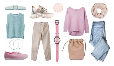 Kadın kıyafetleri beyaza sabitlenmiş. Moda modası kıyafetleri. Kış, sonbahar kolajı. Kadın giysisi. Kıyafet..