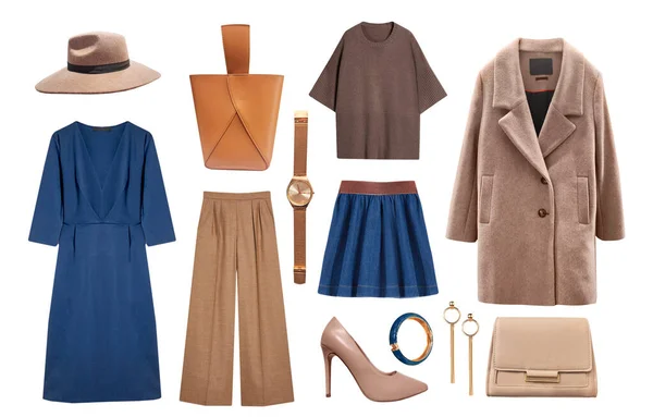 Schöne Herbstfarben Damenkleidung Set Collection Von Blaubrauner Kleidung Isoliert Auf — Stockfoto