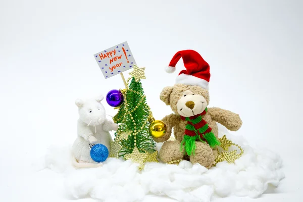 Bear dressed up Christmas tree and invited guests Mouse — Stock Photo, Image