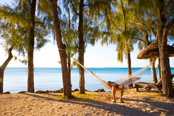 I en hängmatta på havet under tallarna — Stockfoto