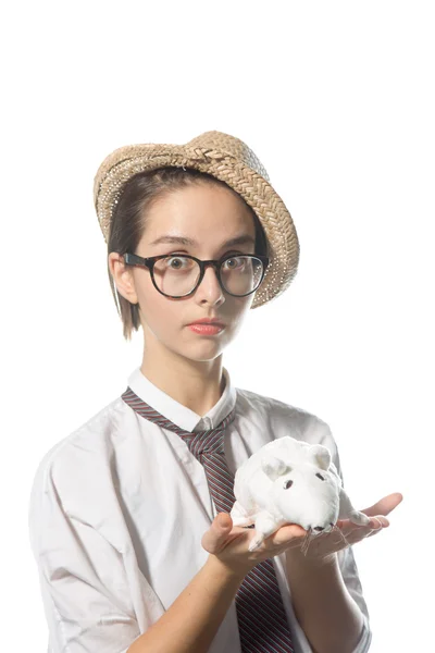 Young girl in strict glasses with white rat 3 — Stock Photo, Image