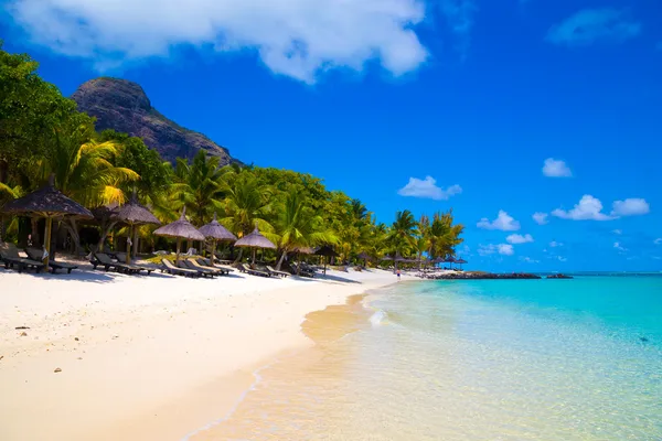 Beyaz kumlu plaj şemsiyeleri mauritius ile Telifsiz Stok Imajlar