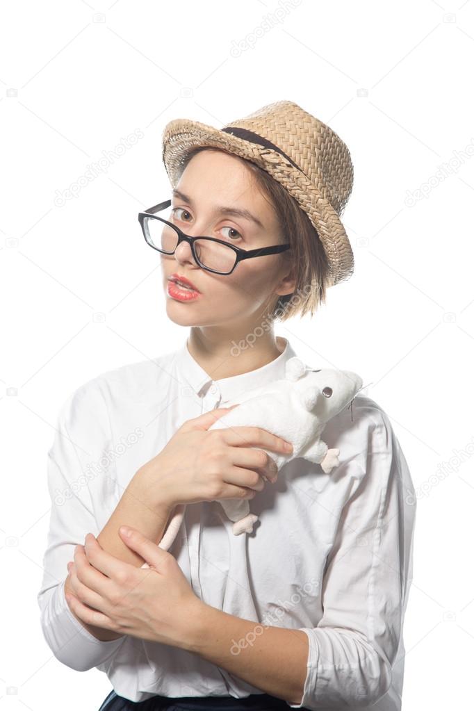 Young girl in strict glasses with white rat 1