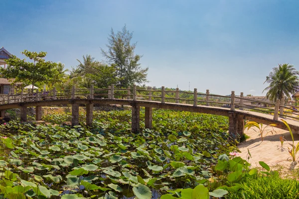 Holzbrücke über einen Teich mit Lotusblüten — Stockfoto