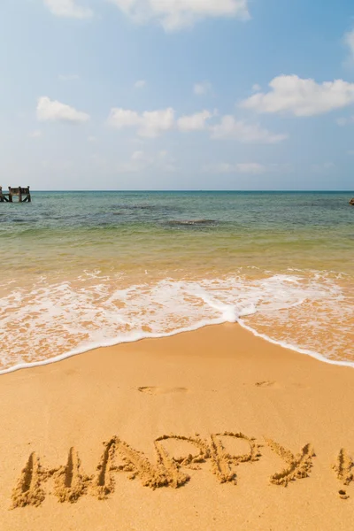 "feliz "en una hermosa playa de arena —  Fotos de Stock