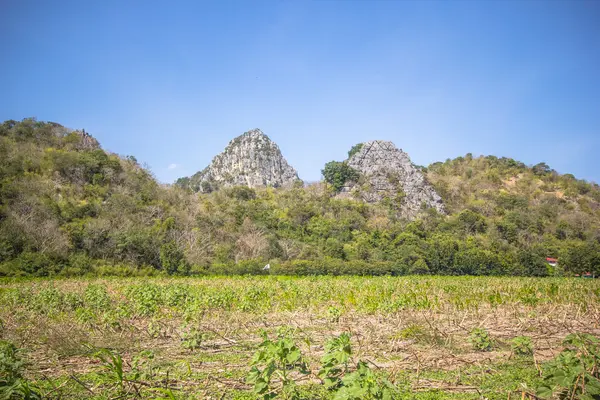 Vysoké vápenec mountain view poblíž vesnice v Thajsku — Stock fotografie