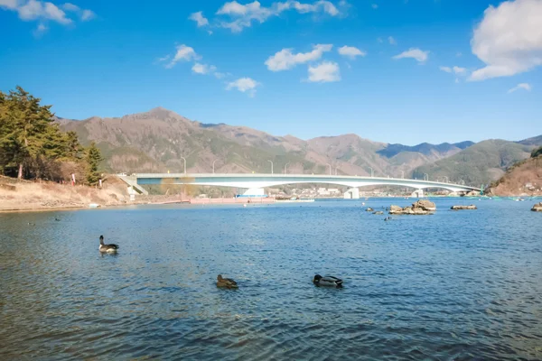Lake kawaguchiko und kawaguchiko bridge in japan — Stockfoto