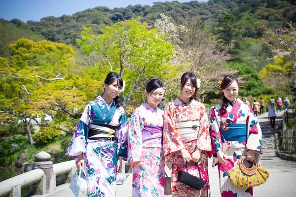 Gilrs giapponesi con tuta tradizionale giapponese (Yukata) stanno camminando nel parco Maruyama situato vicino al santuario di Yasaka — Foto Stock