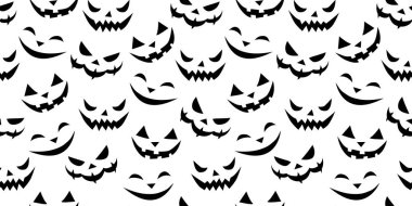 Kusursuz gülen yüzler düz bir şekilde hayaletlere dönüşüyor. Parti, poster, davetiye, herhangi bir tasarım için vektör Cadılar Bayramı dokusu veya arka planı. Tehlikeli hayvan. Siyah beyaz, soyutlanmış..