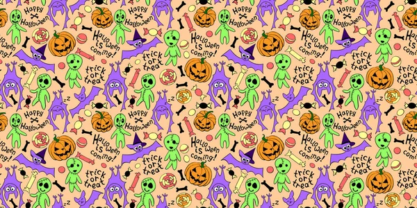 Padrão Feliz Halloween Sem Costura Com Conjunto Ícones Abóbora Lanterna —  Vetores de Stock