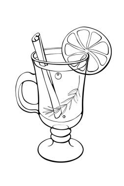 Sıcak kış baharatlı içki özel bardakta tarçın çubuğu, biberiye filizi, kekik, tuzlu ve portakal dilimleriyle süslenmiş şarap kokteyli. El çizimi karalama biçimi vektör çizimi