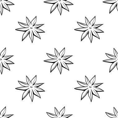 Taslak yıldız anasonunun karalama tarzında, izole edilmiş vektörsüz deseni. Baharatlı, malzemeli, sıcak içecekler, sıcak şarap ve yiyecek bileşenli yemek pişirme geçmişi veya dokusu