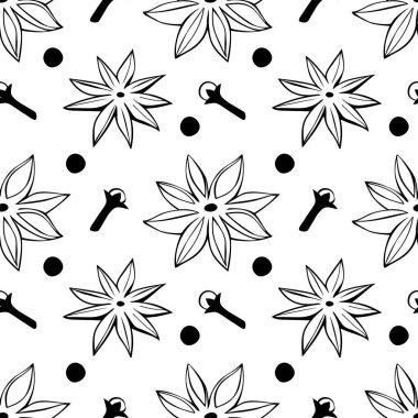 Yıldız anasonlu, karanfilli ve karabiberli vektör desenli. Baharatların arka planı veya dokusu, gıda katkı maddesi, baharatlar