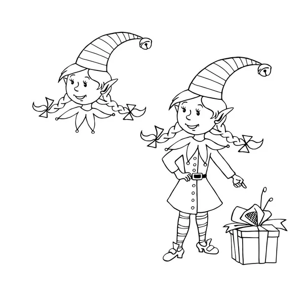 Leuke Kleine Kerst Elf Meisje Vector Hand Getekend Schets Cartoon — Stockvector