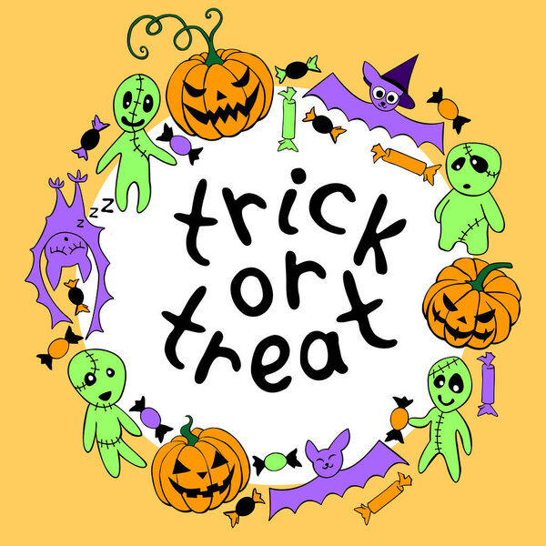 Trick or treat-lettering in round frame of holiday design characters, icons. Festive Halloween border, title for guising, greeting card, invitation, party poster
