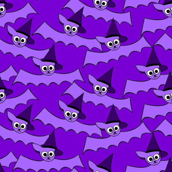 Vector Seamless Pattern Cute Flying Bats Witch Hats Halloween Texture — Stock Vector