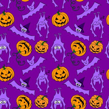 Kabaklı vektör desenli balkabağı, fener valesi, şekil değiştirenler ve sevimli yarasalar. Çizgi film, düz, karalama stilinde parlak Cadılar Bayramı dokusu