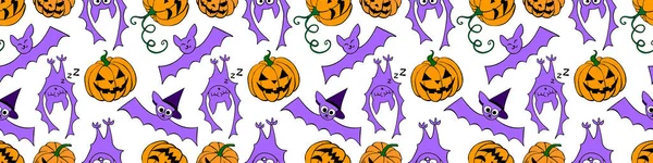 Vector Seamless Pattern Pumpkins Jack Lantern Witch Shifters Cute Bats — Stock Vector