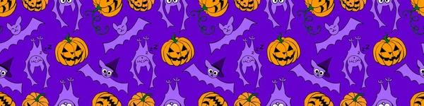 Vector Seamless Pattern Pumpkins Jack Lantern Witch Shifters Cute Bats — Stock Vector