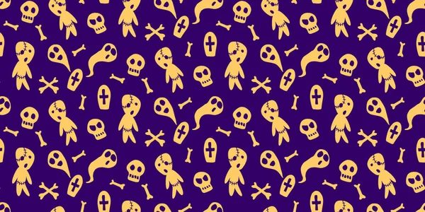 Patrón Sin Costuras Halloween Feliz Con Conjunto Personajes Zombies Fantasmas — Archivo Imágenes Vectoriales