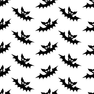 Uçan yarasaların pürüzsüz desenleri. Şirin Ürkütücü vektör çizimi. Cadılar Bayramı arkaplan ve dokuları düz gotik çizgi film tarzında. Gökyüzündeki siyah siluetler.