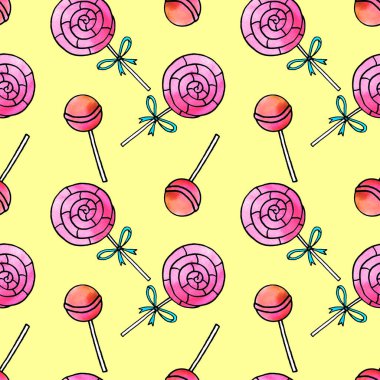 Lolipoplarla kusursuz desen. Şirin pembe suluboya el, tatil arkaplanlarına ve dokularına şeker çizmiş. Sevgililer Günü için, doğum günü, tebrik kartları, ambalaj kağıtları, çocuklar tekstil giyer..