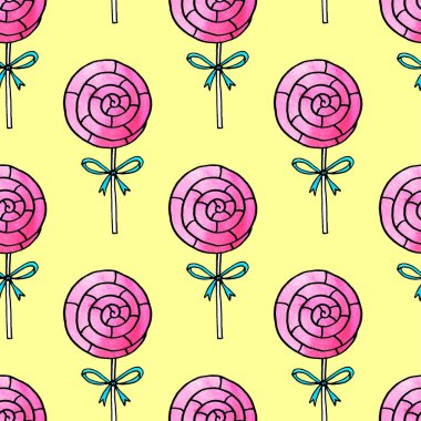 Lolipoplarla kusursuz desen. Şirin pembe suluboya el, tatil arkaplanlarına ve dokularına şeker çizmiş. Sevgililer Günü için, doğum günü, tebrik kartları, ambalaj kağıtları, çocuklar tekstil giyer..