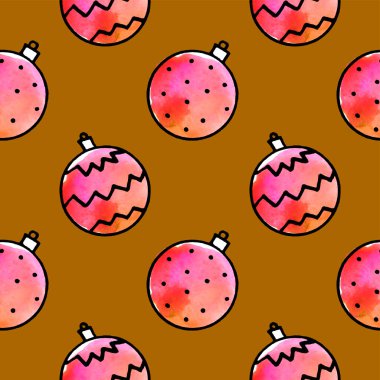 Suluboya Noel ağacı toplarıyla kusursuz desen. Elle çizilmiş yeni yıl, Xmas geçmişi ve dokuları. Tebrik kartları, ambalaj kağıdı, ambalaj, kumaş, takvimler, baskılar için.