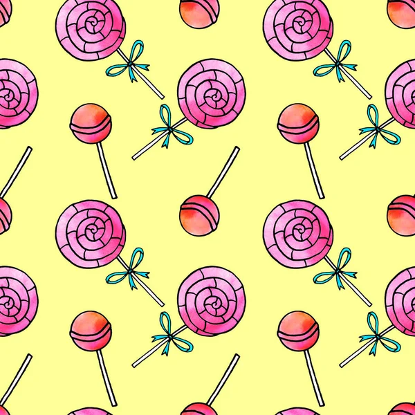 Seamless Pattern Lollipops Cute Pink Watercolor Hand Drawn Sweets Holidays — Stock Photo, Image