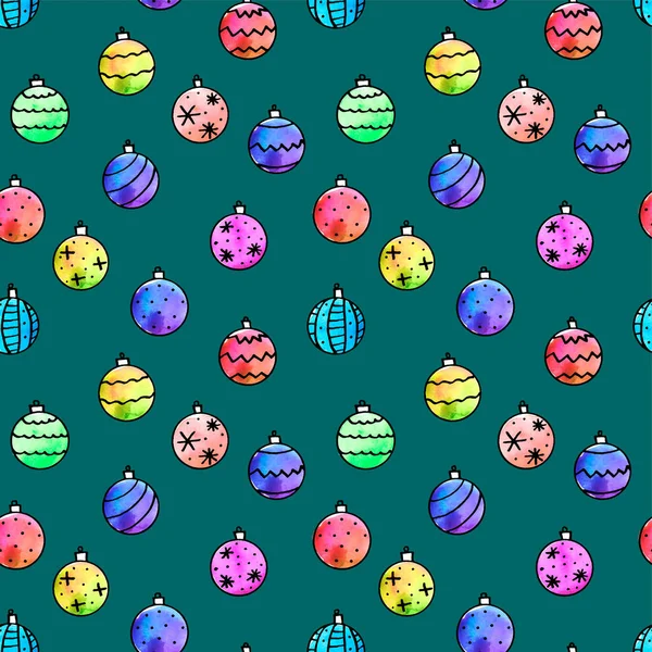 Seamless Pattern Watercolor Christmas Tree Balls New Year Xmas Backgrounds — Stock Photo, Image