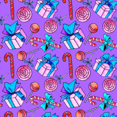 Şekerler, şekerler, lolipoplar ve hediye kutularıyla kusursuz desenler. Elle çizilmiş yeni yıl, yılbaşı, tatil geçmişi ve dokuları. Tebrik kartları, ambalaj kağıdı, kumaş, baskı için..