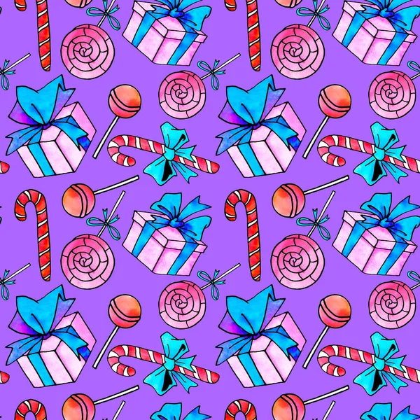 水彩キャンディ缶 お菓子 ロリポップ ギフトボックス付きのシームレスなパターン 手描きの新年 クリスマス 休日の背景やテクスチャ グリーティングカード 包装紙 プリント用 — ストック写真
