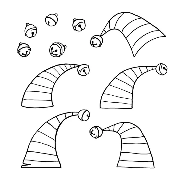 Набор Эльфийских Кепок Колокольчиками Шляпами Ручной Рисунок Клипа Элементы Рождественского — стоковое фото