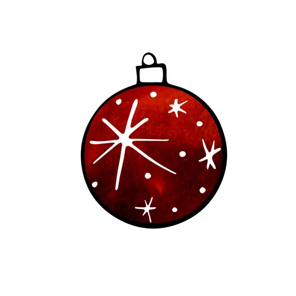 白い背景に隔離されたクリスマス水彩の赤い木のボール 新年やクリスマスラインアート スケッチ 手描き グリーティングカード カレンダー プリントのための簡単なイラスト — ストック写真