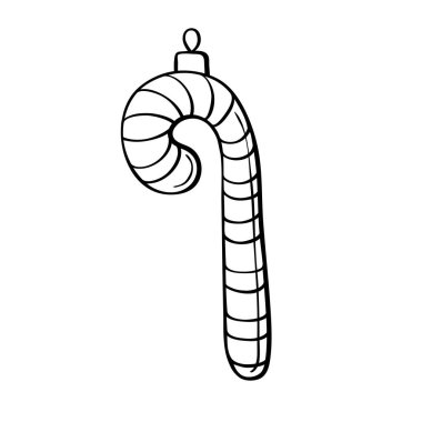 Vektör şekilli cam oyuncak, Noel ağacı için şeker kamışı şeklinde dekorasyon, karalama tarzı. Mutlu Noeller ve yeni yıl tebrik kartı, boyama kitabı, çocukların yaratıcılığı için şablon