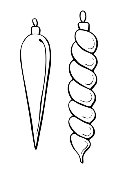 Набор Векторных Контурных Стеклянных Длинных Висячих Игрушек Рождественской Елки Стиле — стоковый вектор