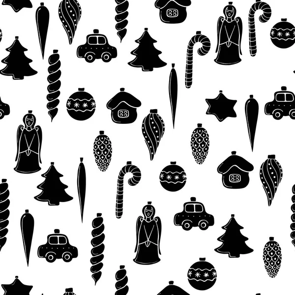 黒のシルエットのガラスのおもちゃとベクトルシームレスなパターン クリスマスツリー フラットスタイルのための装飾 メリークリスマスと幸せな新年のためのお祭りの背景とテクスチャ — ストックベクタ