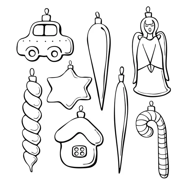 Set Van Vector Contourglas Speelgoed Decoraties Voor Kerstboom Doodle Stijl — Stockvector
