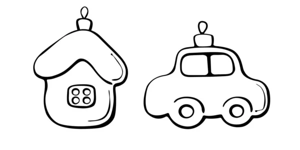 Набір Векторних Контурів Скляних Ялинкових Іграшок Прикрас Вигляді Автомобіля Будинку — стоковий вектор