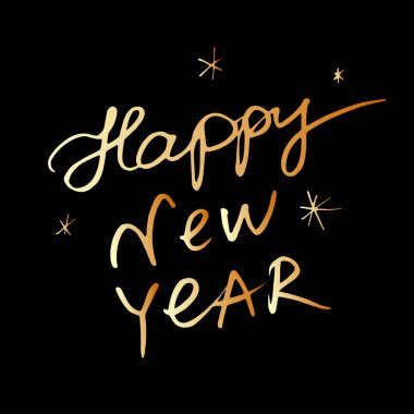 El yazısıyla yazılmış altın kaligrafik yazı siyah arka planda mutlu yıllar. Mektup, başlık, afiş tasarım unsuru, tebrik kartı, davetiye, kartpostal. Vektör illüstrasyonu