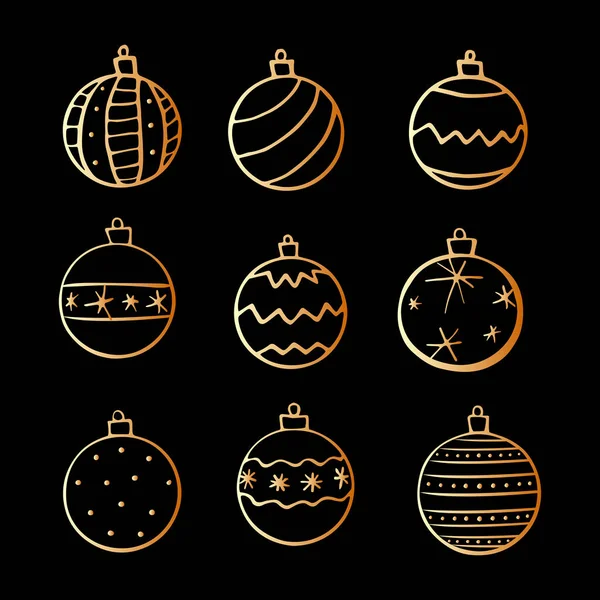 Set Vector Christmas Outline Gold Tree Balls Simple Hand Drawn — Stock Vector