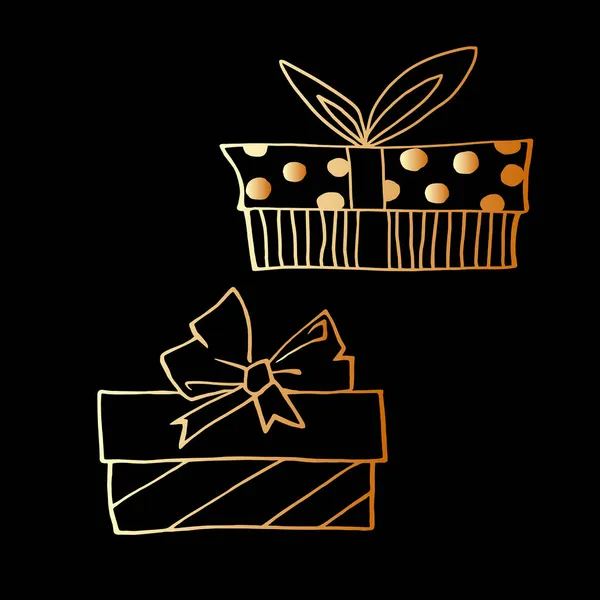 一套矢量轮廓手绘的礼品盒图像为涂鸦风格 情人节 新年和其他节日的节庆设计元素 — 图库矢量图片