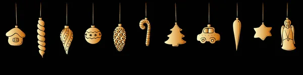 圣诞节和新年背景 挂载金制玩具 圣诞树装饰品 风格扁平 — 图库矢量图片