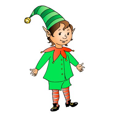 Sevimli küçük Noel Elf çocuğu. Vektör el çizilmiş çizgi film karakteri. Yeni yıl için basit illüstrasyon, xmas, çocuk tasarımı, tebrik kartları, takvimler, baskılar