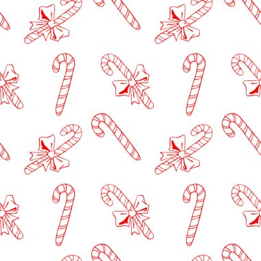 Şekerler, şekerler, lolipoplar gibi hatları olmayan vektör şekilli şekerler. Elle çizilmiş yeni yıl ve Noel özgeçmişi ve dokusu. Tebrik kartı, ambalaj kağıdı, ambalaj, kumaş.