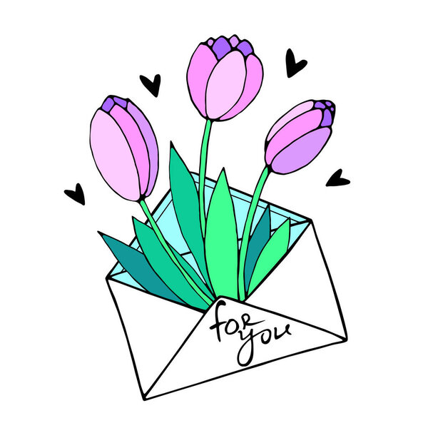 Envelope with letter, flowers and hearts. Cute hand drawn vector clipart, element of romantic design. February 14, Valentine's Day. Declaration of love