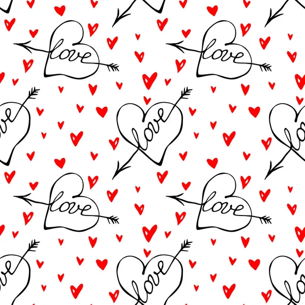 矢とレタリングの愛を持つ赤いハートのベクトルシームレスなパターン 手描きの質感 包装紙の背景 グリーティングカード バレンタインデー 結婚式 愛の宣言 — ストックベクタ