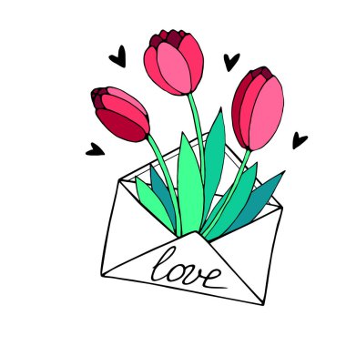 Zarfta mektup, çiçekler ve kalpler var. Sevimli el çizimi vektör kümesi, romantik tasarım unsuru. 14 Şubat, Sevgililer Günü. Aşk ilanı