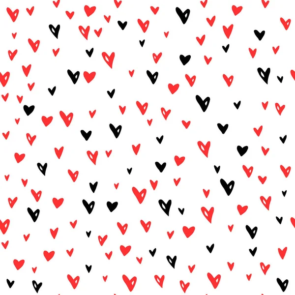 Vector Seamless Abstract Pattern Small Red Black Hearts Hand Drawn — Stock Vector
